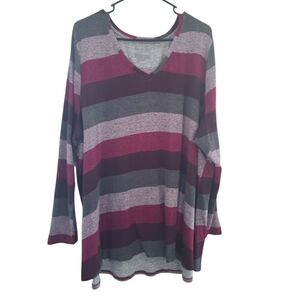 Lane Bryant V-Neck Sweater - Burgundy and Gray Stripes